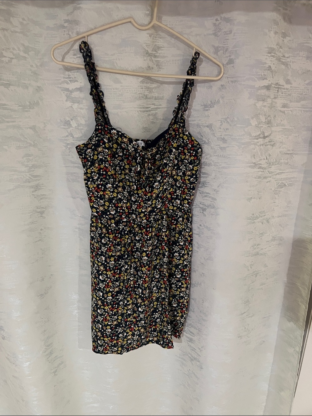 AUW Black Floral Tie-Front Mini Dress with Multicolor Flowers